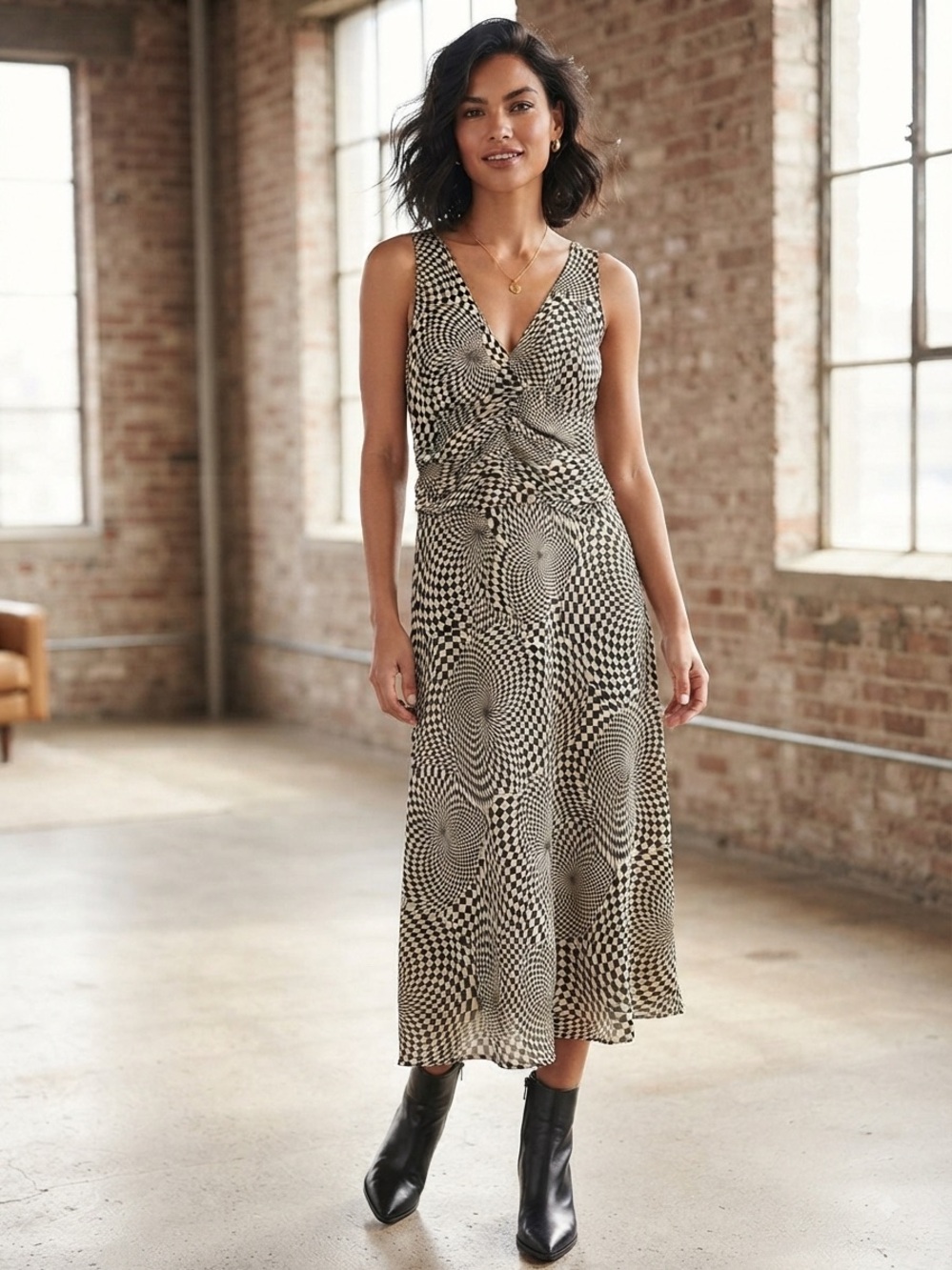 Twist-Front Black & Cream Printed Midi Dress